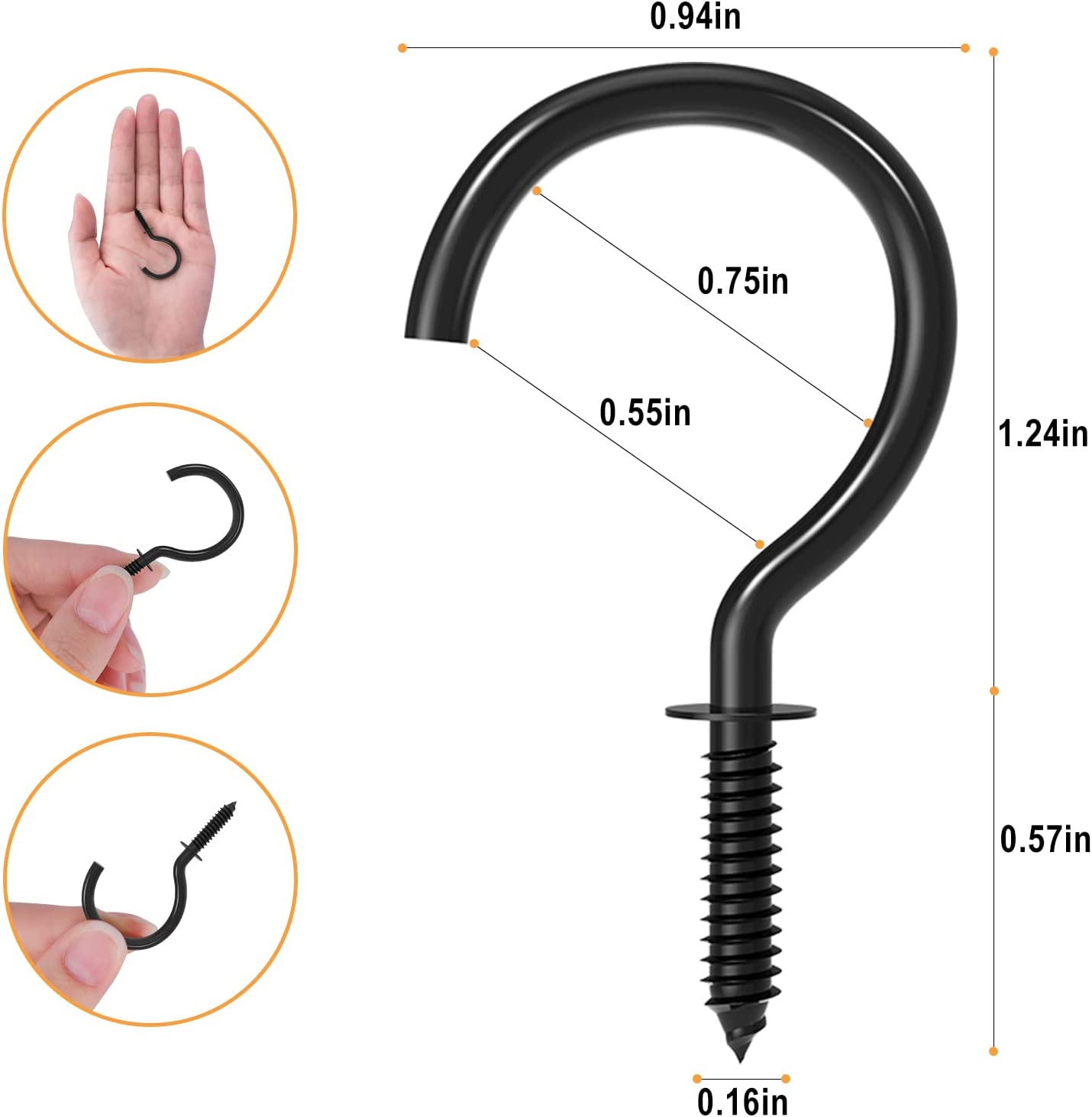 Forda Black Cup Wall Ceiling Plant Screw Hooks (50pcs)
