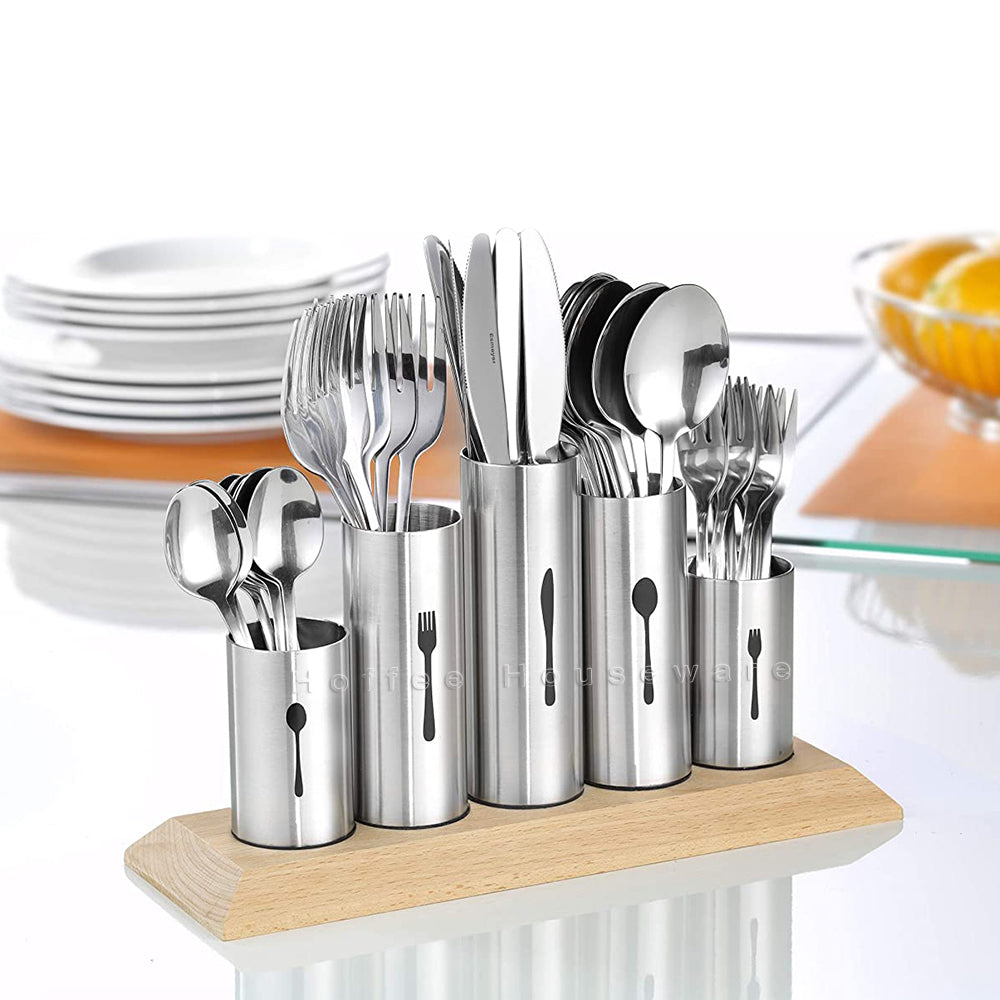 Forda Stainless Steel 5pcs Countertop Flatware Organizer Caddy With Wood Base