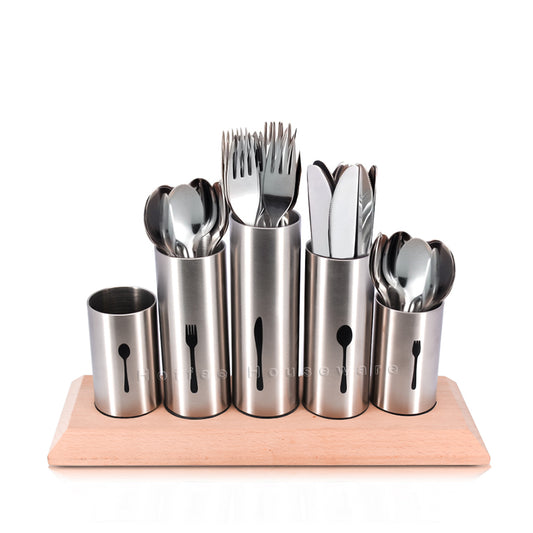 Forda Stainless Steel 5pcs Countertop Flatware Organizer Caddy With Wood Base