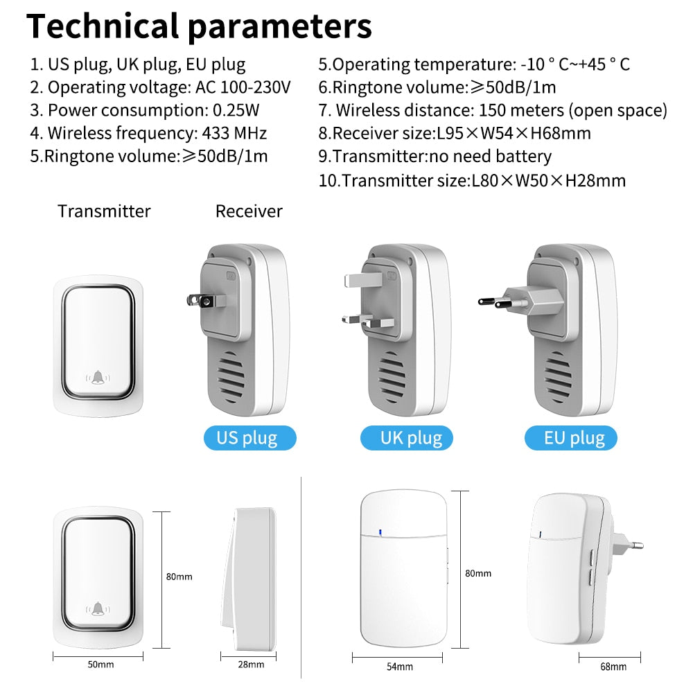 Forda Wireless No Battery require Waterproof Self-Powered Ring Chime Door Bell